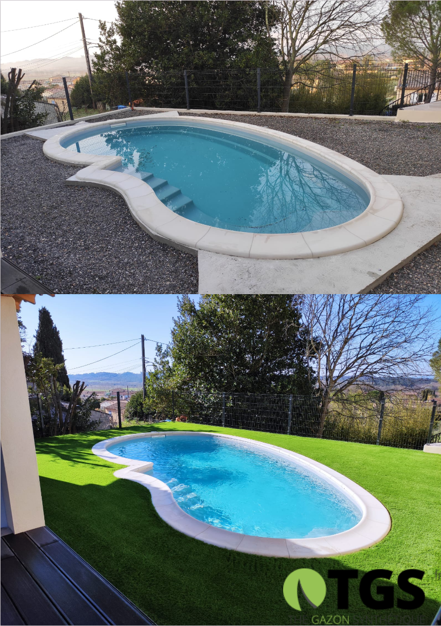 pelouse artificielle autour d'une piscine